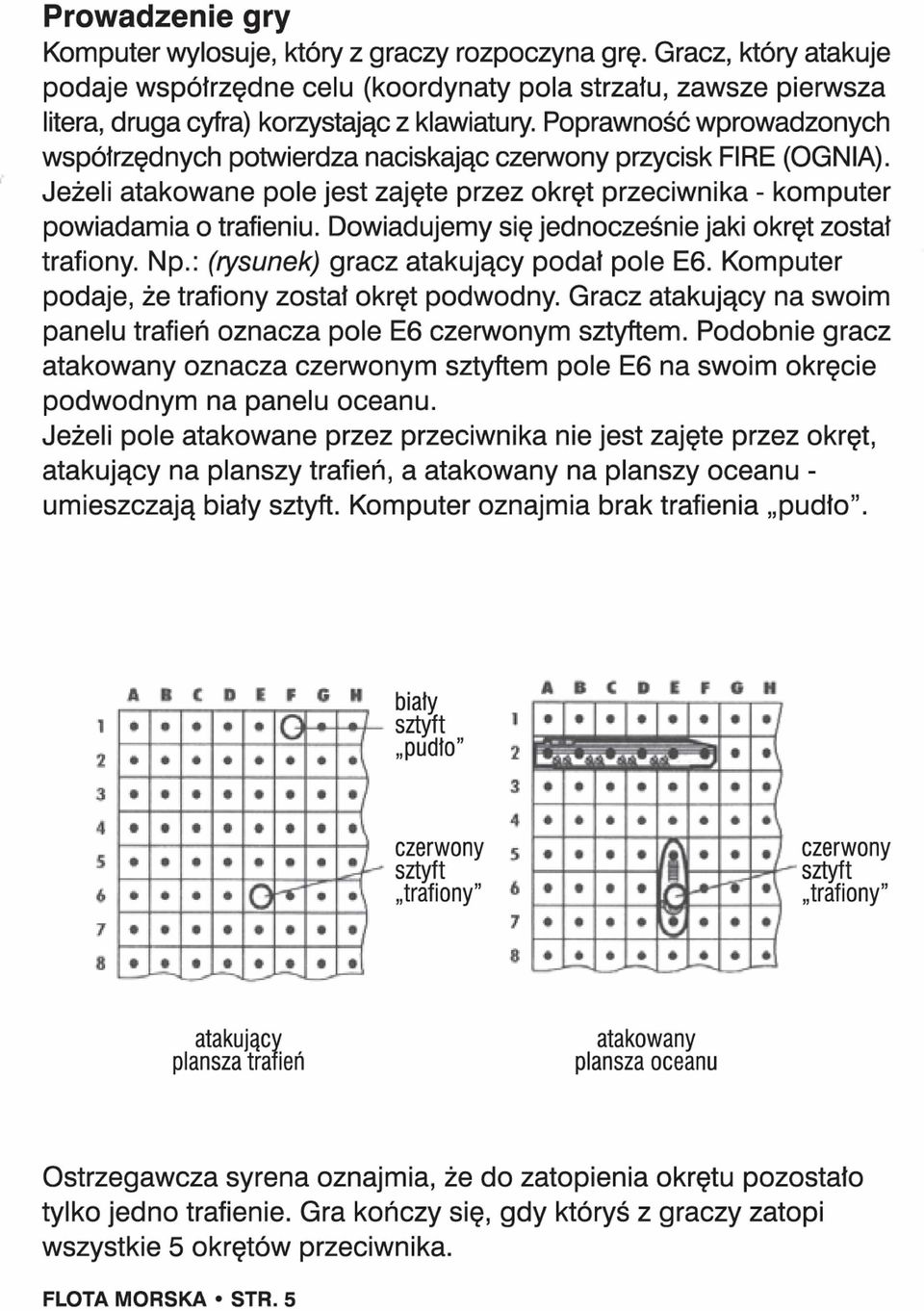 Dowiadujemy się jednocześnie jaki okręt został trafiony. Np.: (rysunek) gracz atakujący podał pole E6. Komputer podaje, że trafiony został okręt podwodny.