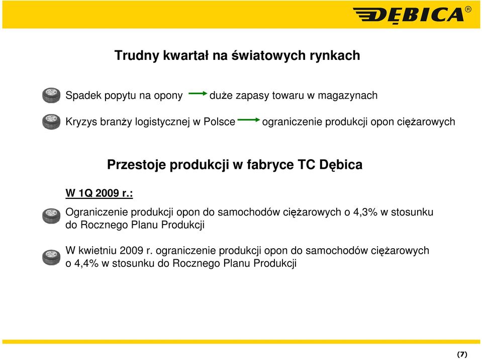 : Przestoje produkcji w fabryce TC Dębica Ograniczenie produkcji opon do samochodów cięŝarowych o 4,3% w