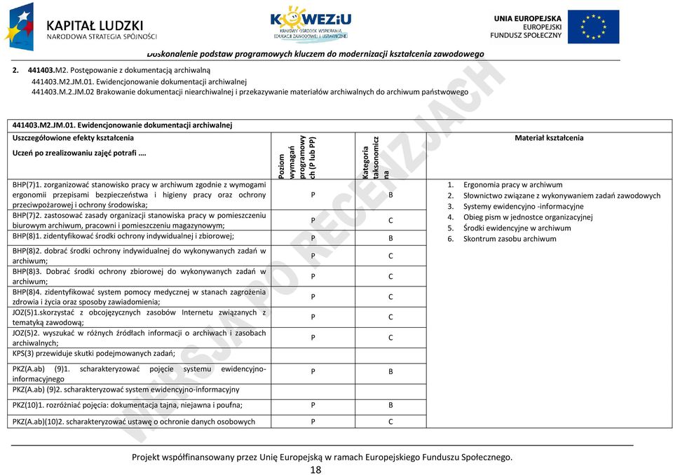 zorganizować stanowisko pracy w archiwum zgodnie z wymogami ergonomii przepisami bezpieczeństwa i higieny pracy oraz ochrony przeciwpożarowej i ochrony środowiska; H(7)2.