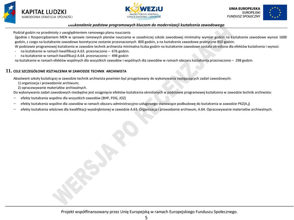 W podstawie programowej kształcenia w zawodzie technik archiwista minimalna liczba godzin na kształcenie zawodowe została określona dla efektów kształcenia i wynosi: - na kształcenie w ramach