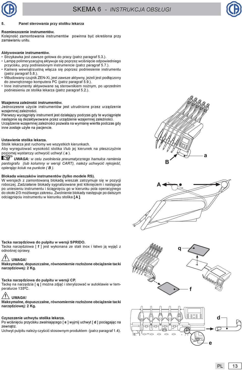 8.). Wbudowany czujnik ZEN-Xi, jest zawsze aktywny, jeżeli jest podłączony do zewnętrznego komputera PC (patrz paragraf 5.9.). Inne instrumenty aktywowane są sterownikiem nożnym, po uprzednim podniesieniu ze stolika lekarza (patrz paragraf 5.