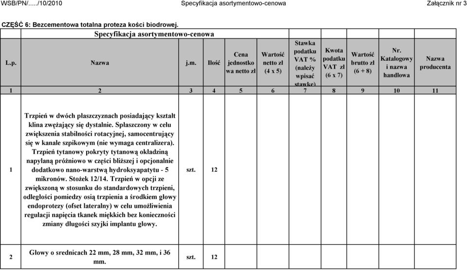 Spłaszczony w celu zwiększenia stabilności rotacyjnej, samocentrujący się w kanale szpikowym (nie wymaga centralizera).