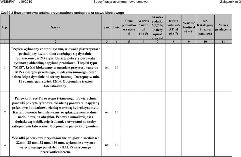 Spłaszczony, w 2/3 części bliższej pokryty porowatą tytanową okładziną napylaną próżniowo.