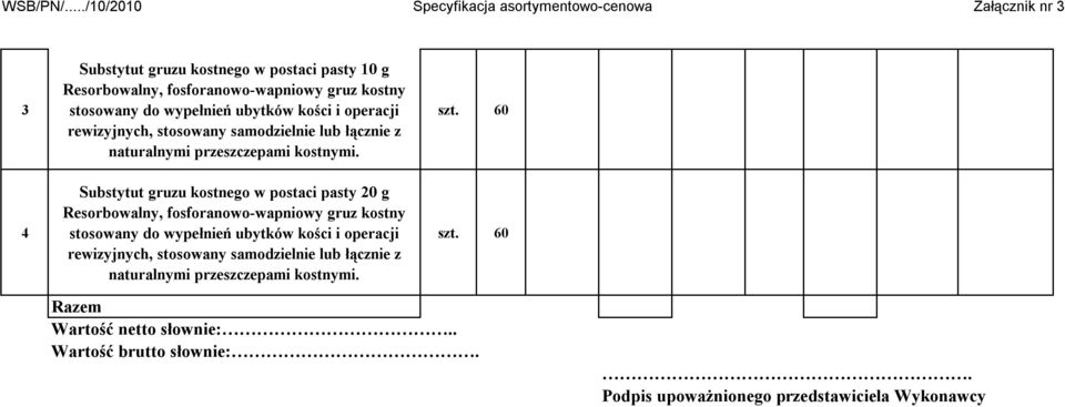 60 4 Substytut gruzu kostnego w postaci pasty 20 g Resorbowalny, fosforanowo-wapniowy gruz kostny stosowany do wypełnień ubytków kości i