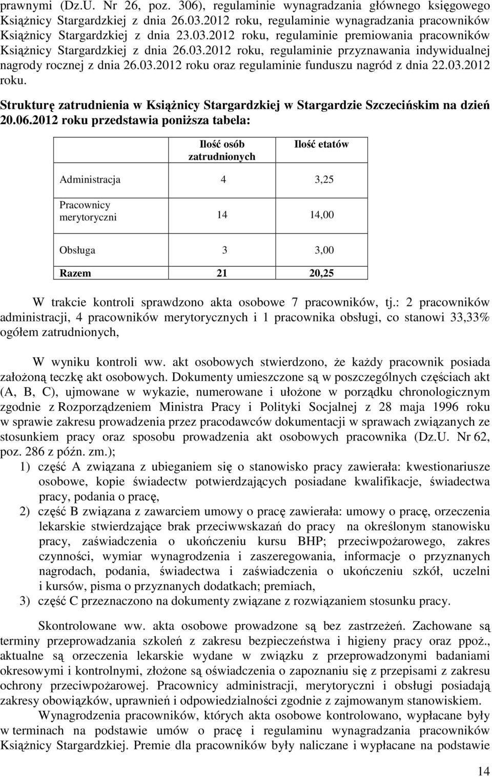 03.2012 roku. Strukturę zatrudnienia w Książnicy Stargardzkiej w Stargardzie Szczecińskim na dzień 20.06.