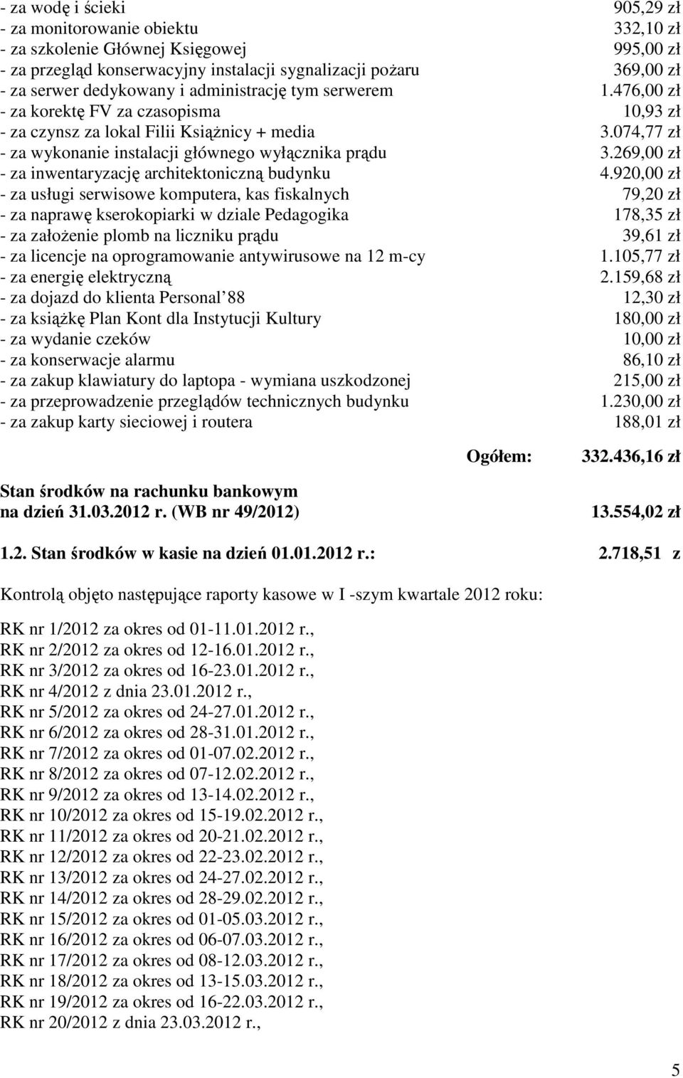 074,77 zł - za wykonanie instalacji głównego wyłącznika prądu 3.269,00 zł - za inwentaryzację architektoniczną budynku 4.