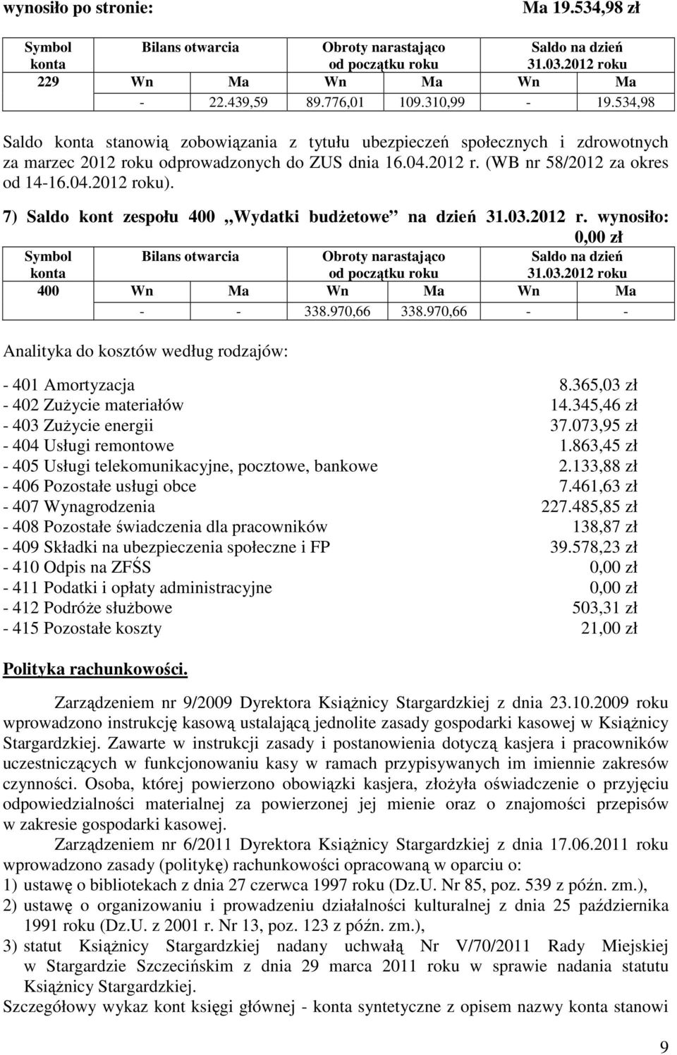 7) Saldo kont zespołu 400 Wydatki budżetowe na dzień 31.03.2012 r. wynosiło: 0,00 zł Symbol konta Bilans otwarcia Obroty narastająco od początku roku Saldo na dzień 31.03.2012 roku 400 Wn Ma Wn Ma Wn Ma - - 338.