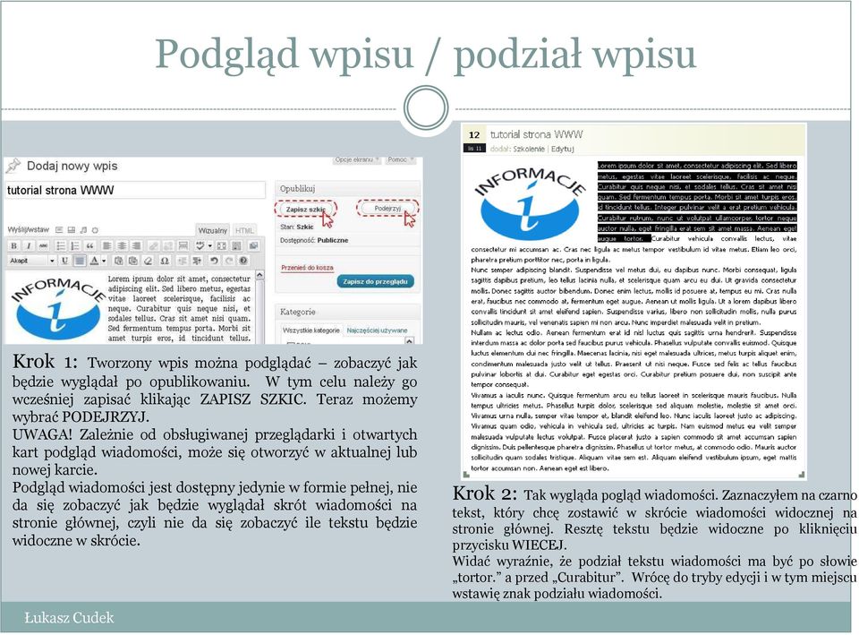 Podgląd wiadomości jest dostępny jedynie w formie pełnej, nie da się zobaczyć jak będzie wyglądał skrót wiadomości na stronie głównej, czyli nie da się zobaczyć ile tekstu będzie widoczne w skrócie.