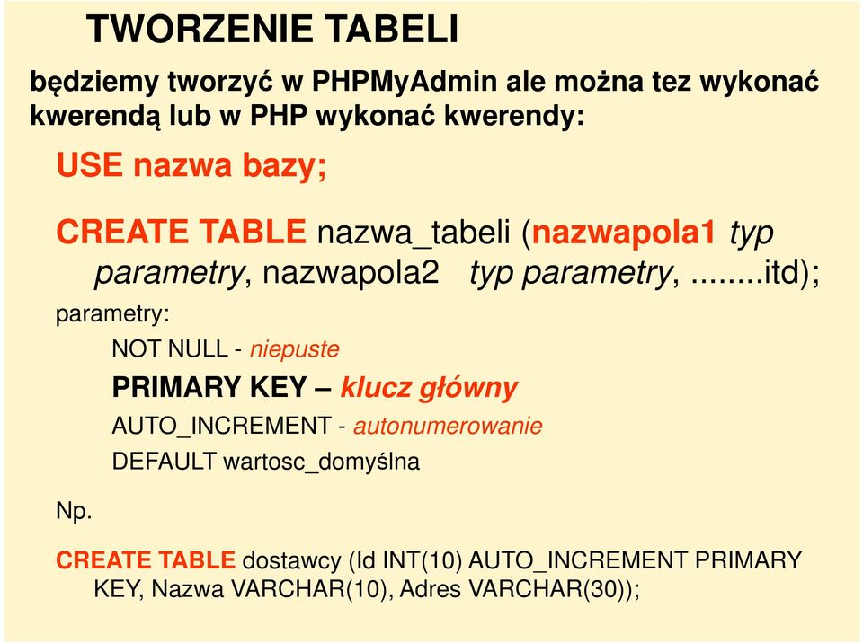 ..itd); parametry: Np.