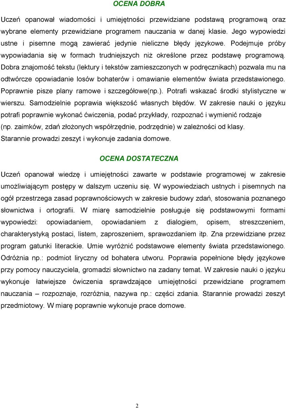 Dobra znajomość tekstu (lektury i tekstów zamieszczonych w podręcznikach) pozwala mu na odtwórcze opowiadanie losów bohaterów i omawianie elementów świata przedstawionego.