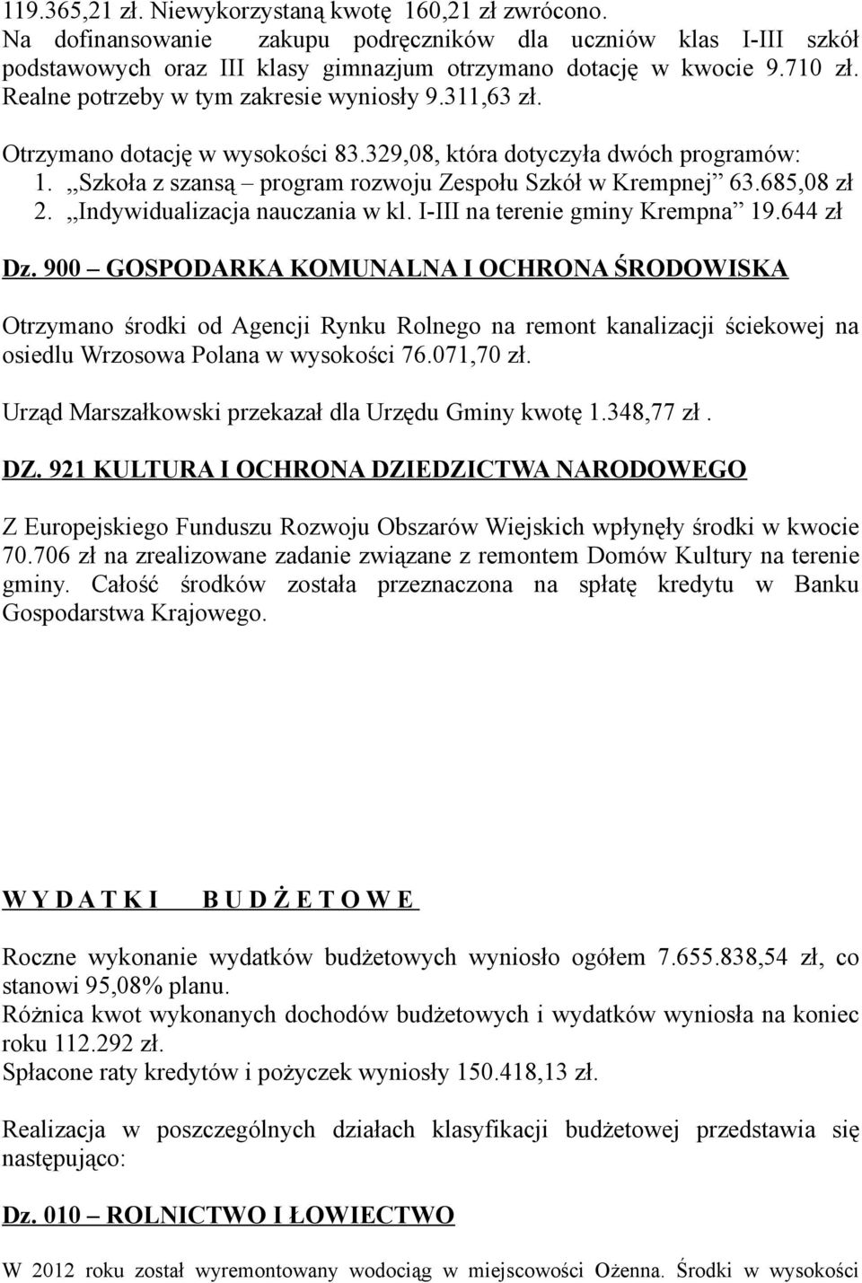 685,08 zł 2.,,Indywidualizacja nauczania w kl. I-III na terenie gminy Krempna 19.644 zł Dz.