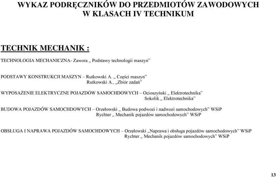 , Zbiór zadań WYPOSAŻENIE ELEKTRYCZNE POJAZDÓW SAMOCHDOWYCH Ocioszyński Elektrotechnika Sokolik Elektrotechnika BUDOWA POJAZDÓW SAMOCHDOWYCH