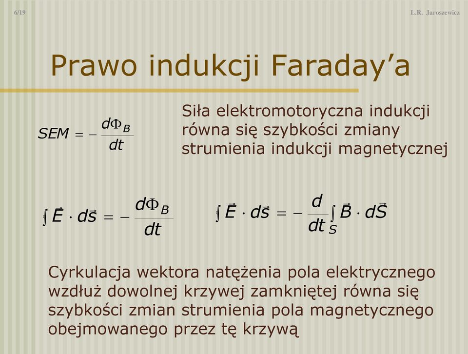 się szybkości zmiany strumienia indukcji magnetycznej ds d ds d d Cyrkulacja