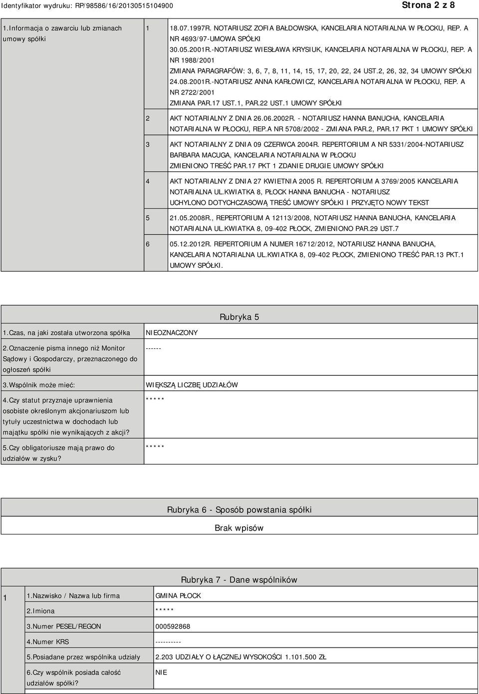 -NOTARIUSZ ANNA KARŁOWICZ, KANCELARIA NOTARIALNA W PŁOCKU, REP. A NR 2722/2001 ZMIANA PAR.17 UST.1, PAR.22 UST.1 UMOWY SPÓŁKI 2 AKT NOTARIALNY Z DNIA 26.06.2002R.