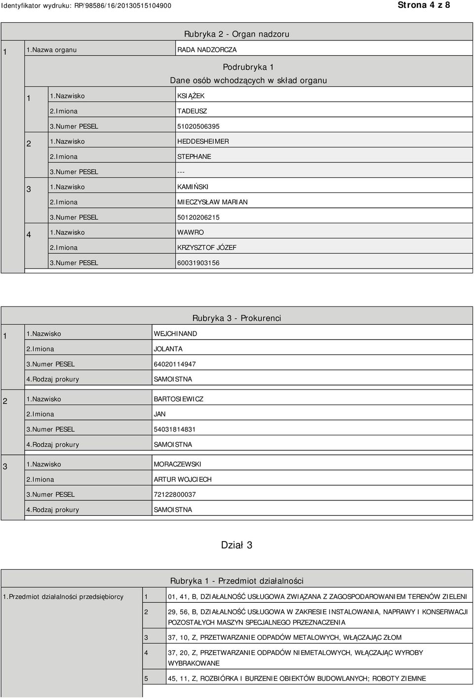 Numer PESEL 60031903156 Rubryka 3 - Prokurenci 1 1.Nazwisko WEJCHINAND JOLANTA 3.Numer PESEL 64020114947 4.Rodzaj prokury SAMOISTNA 2 1.Nazwisko BARTOSIEWICZ JAN 3.Numer PESEL 54031814831 4.