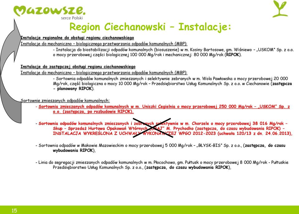 Instalacje do zastępczej obsługi regionu ciechanowskiego Instalacje do mechaniczno biologicznego przetwarzania odpadów komunalnych (MBP): - Sortownia odpadów komunalnych zmieszanych i selektywnie