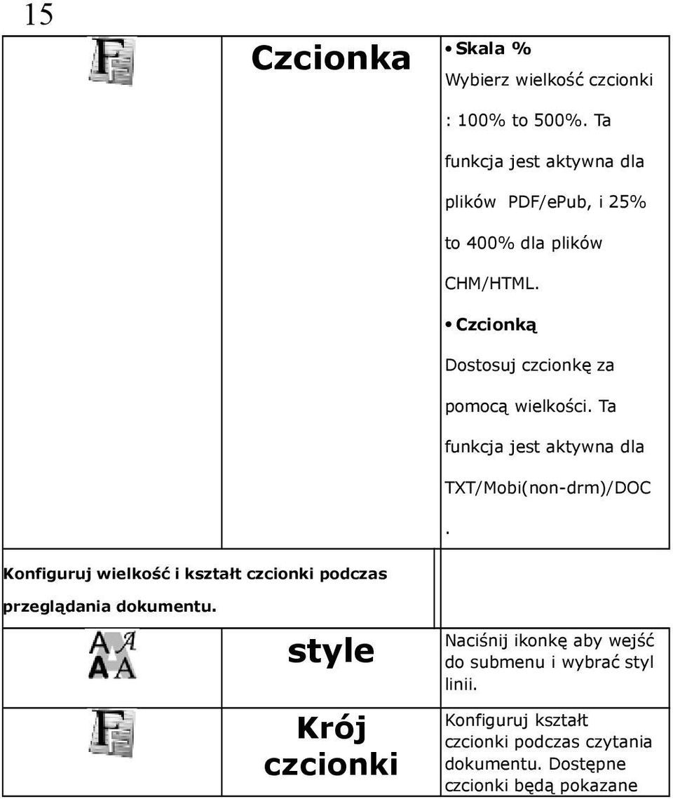 Czcionką Dostosuj czcionkę za pomocą wielkości. Ta funkcja jest aktywna dla TXT/Mobi(non-drm)/DOC.