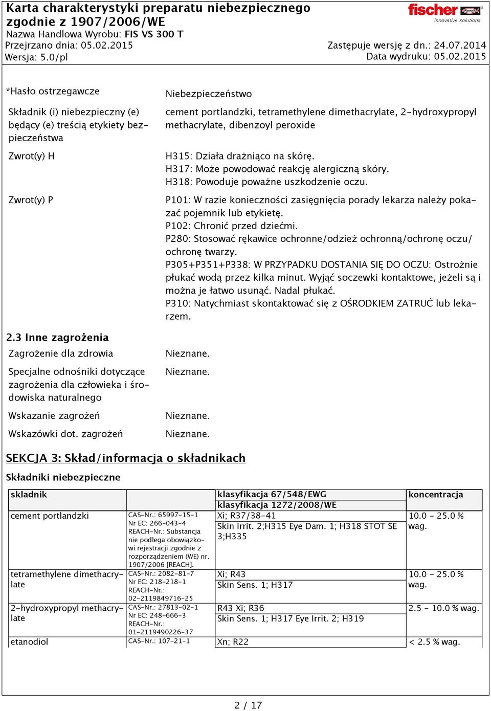 zagrożeń Niebezpieczeństwo cement portlandzki, tetramethylene dimethacrylate, 2-hydroxypropyl methacrylate, dibenzoyl peroxide H315: Działa drażniąco na skórę.