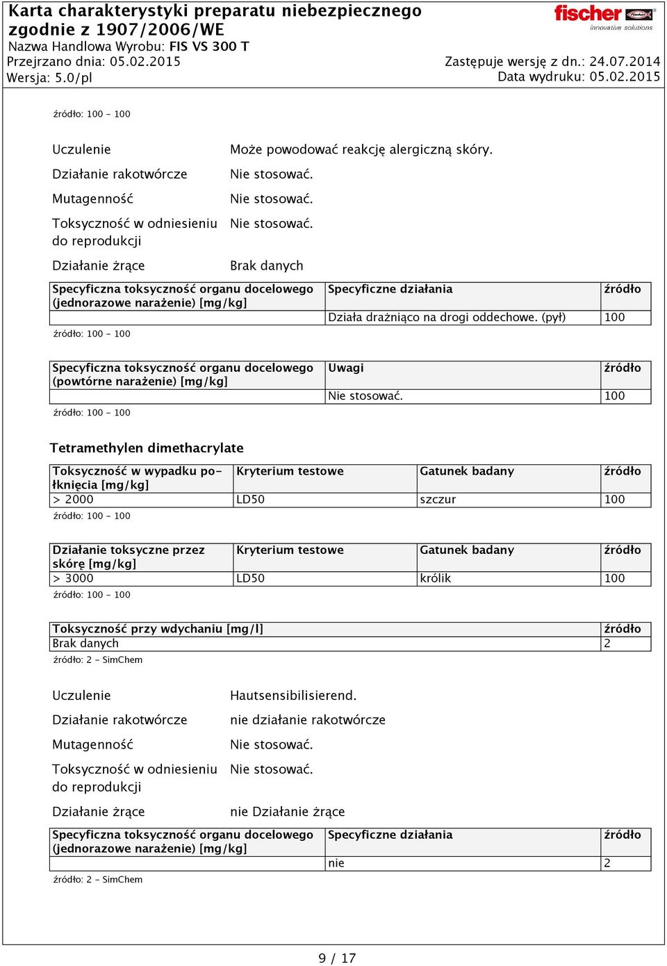 (pył) 100 Specyficzna toksyczność organu docelowego (powtórne narażenie) [mg/kg] Uwagi 100 Tetramethylen dimethacrylate Toksyczność w wypadku połknięcia Kryterium testowe Gatunek badany [mg/kg] >