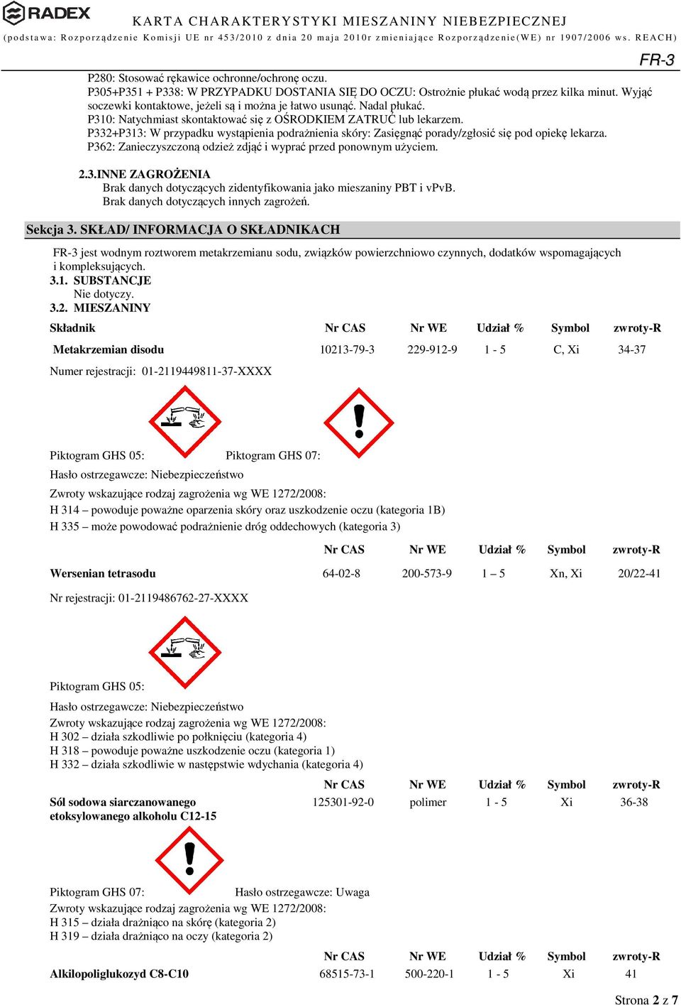 P332+P313: W przypadku wystąpienia podrażnienia skóry: Zasięgnąć porady/zgłosić się pod opiekę lekarza. P362: Zanieczyszczoną odzież zdjąć i wyprać przed ponownym użyciem. 2.3. INNE ZAGROŻENIA Brak danych dotyczących zidentyfikowania jako mieszaniny PBT i vpvb.