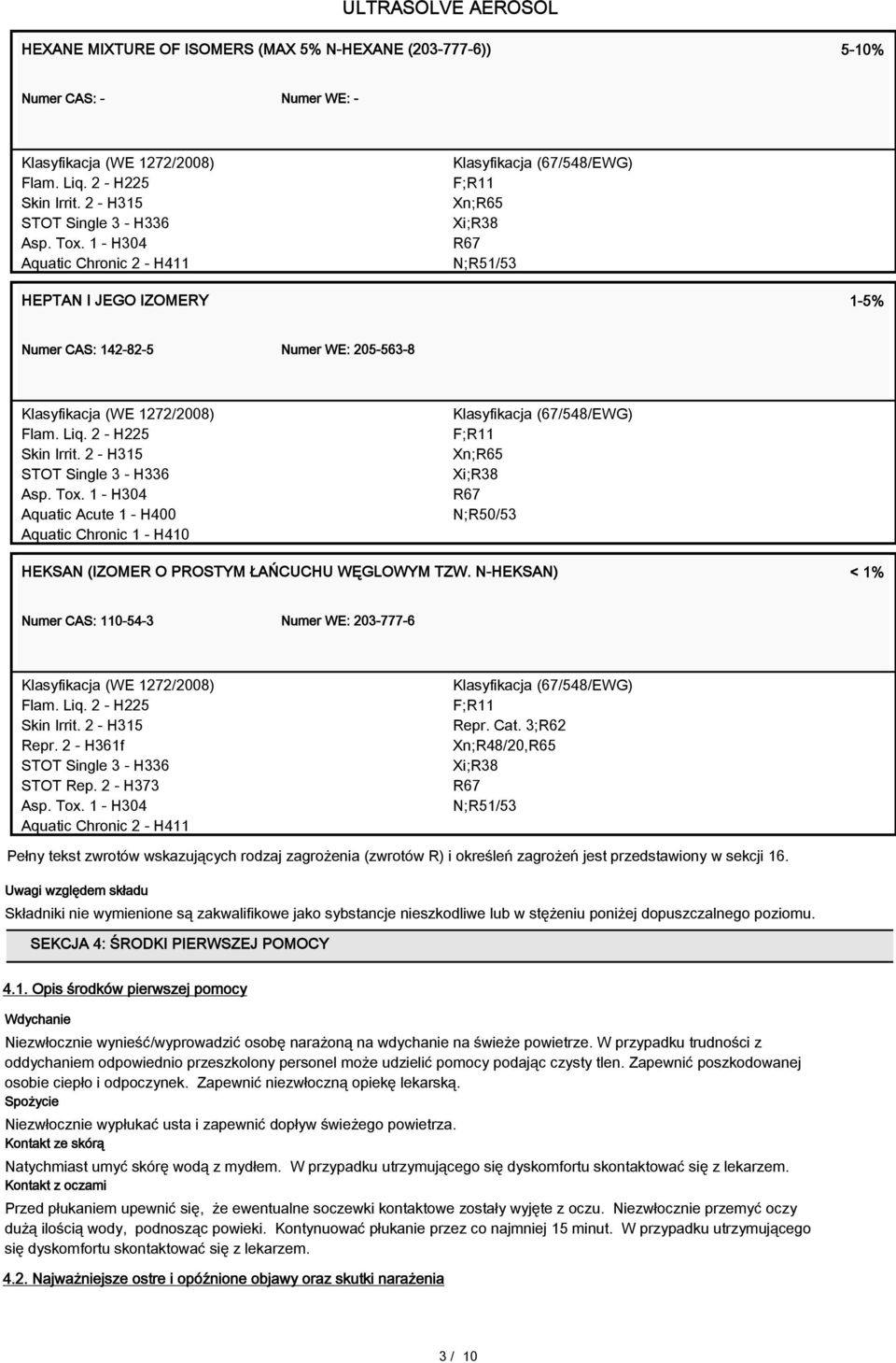 1 - H304 Aquatic Acute 1 - H400 Aquatic Chronic 1 - H410 F;R11 Xn;R65 Xi;R38 N;R50/53 HEKSAN (IZOMER O PROSTYM ŁAŃCUCHU WĘGLOWYM TZW. N-HEKSAN) < 1% Numer CAS: 110-54-3 Numer WE: 203-777-6 Flam. Liq.