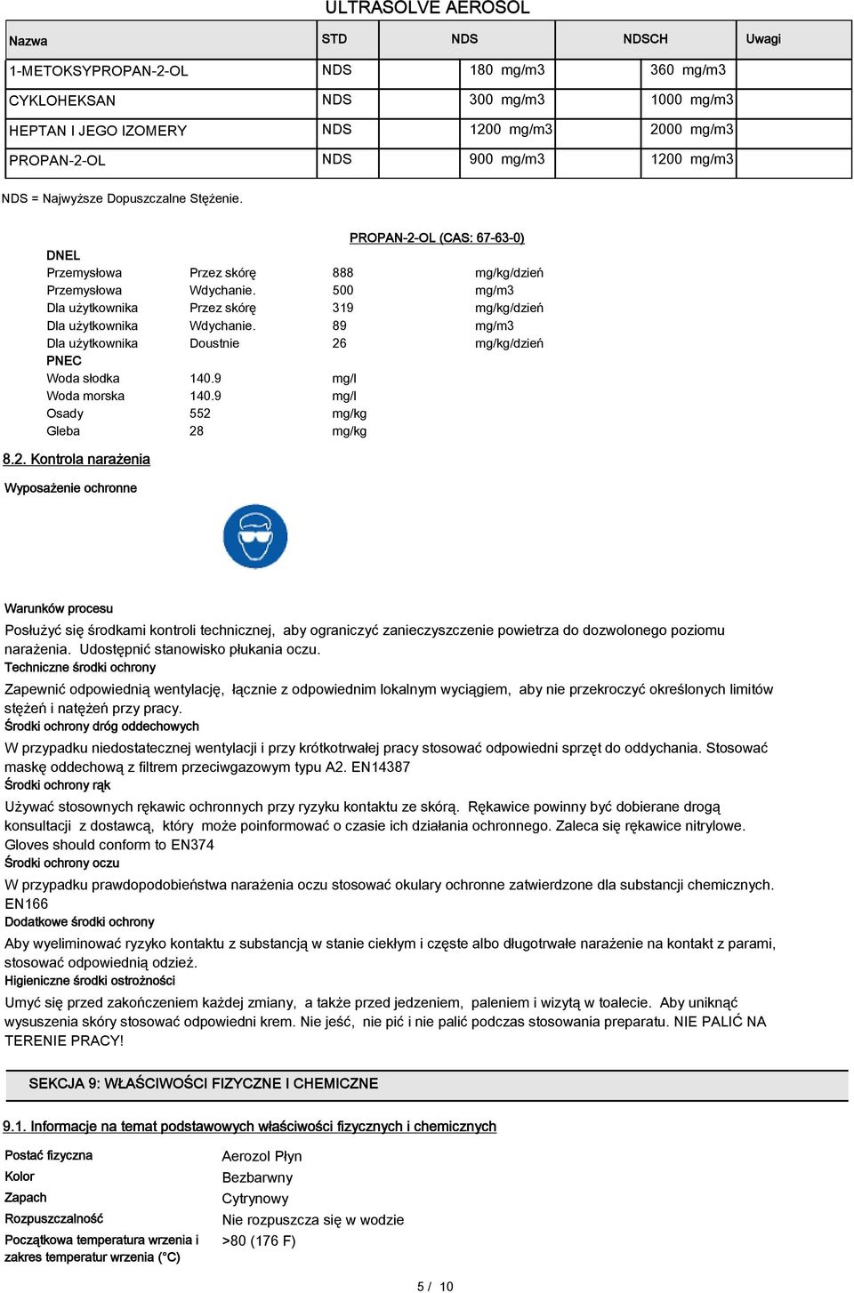 500 mg/m3 Dla użytkownika Przez skórę 319 mg/kg/dzień Dla użytkownika Wdychanie. 89 mg/m3 Dla użytkownika Doustnie 26 mg/kg/dzień PNEC Woda słodka 140.9 mg/l Woda morska 140.