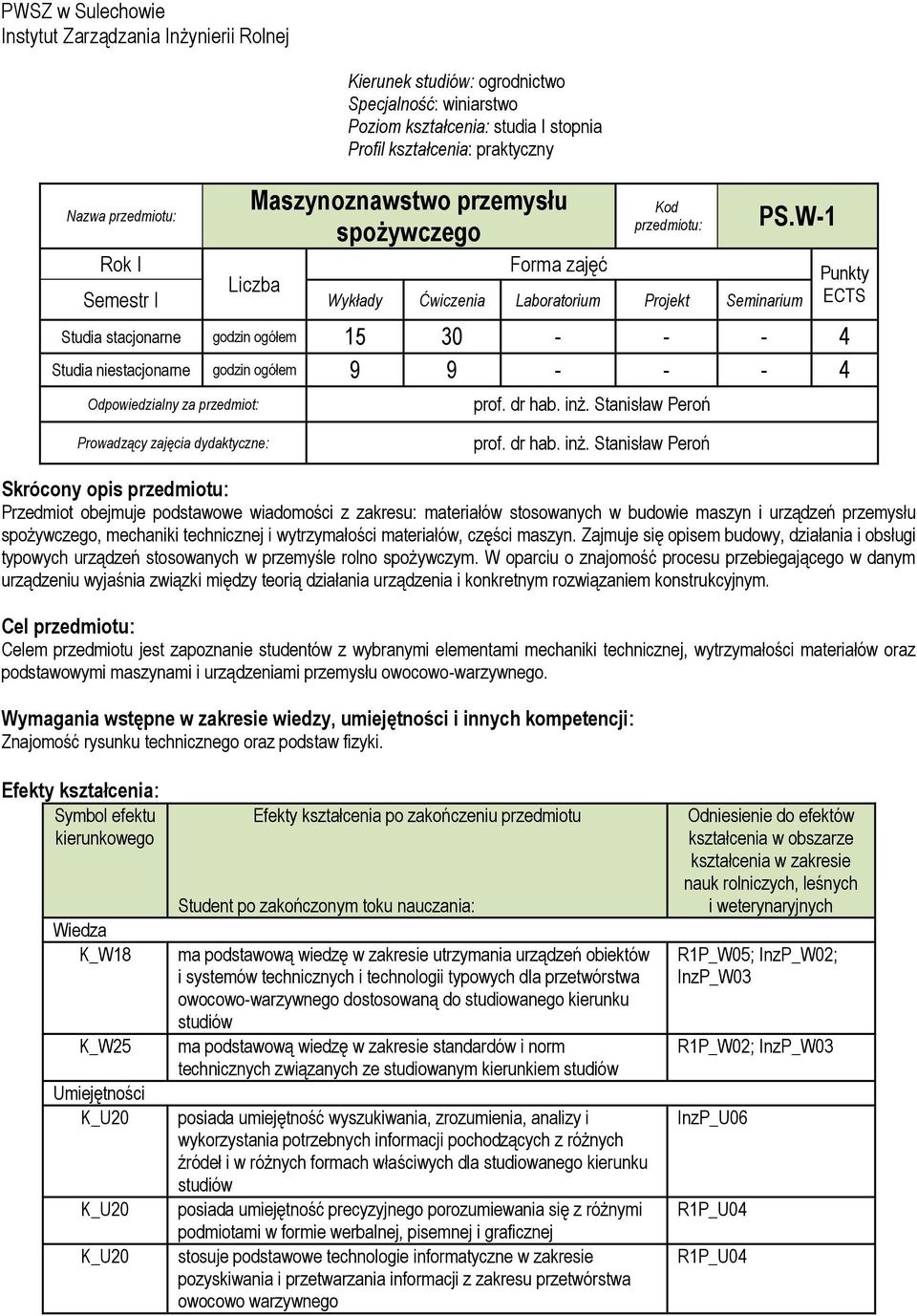 W-1 Rok I Forma zajęć Liczba Semestr I Wykłady Ćwiczenia Laboratorium Projekt Seminarium Studia stacjonarne godzin ogółem 15 30 - - - 4 Studia niestacjonarne godzin ogółem 9 9 - - - 4 Odpowiedzialny