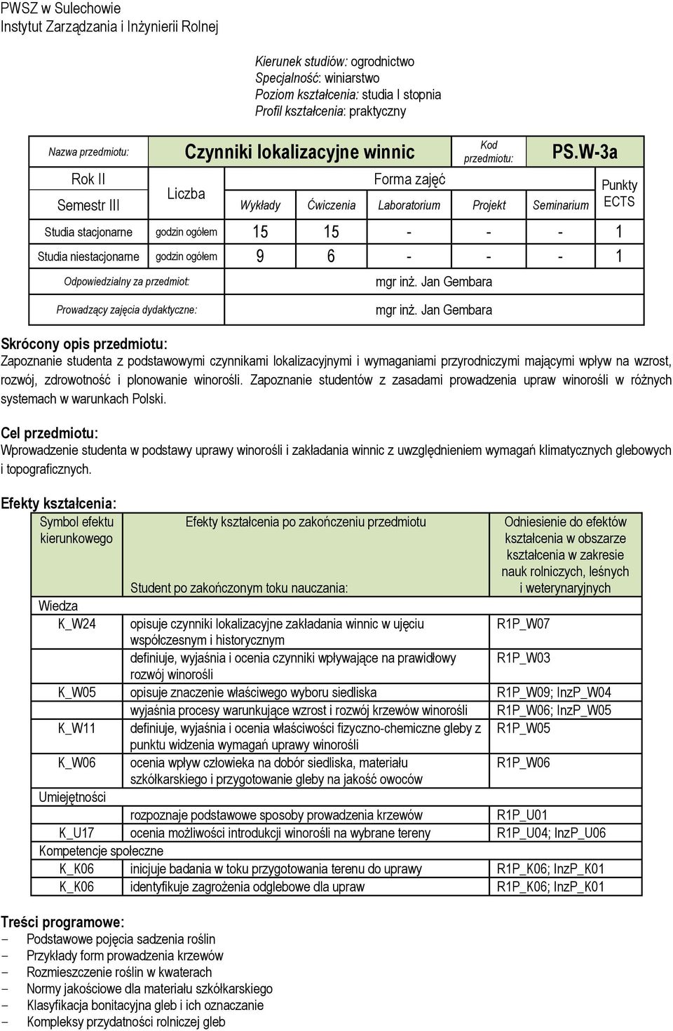 W-3a Rok II Forma zajęć Liczba Semestr III Wykłady Ćwiczenia Laboratorium Projekt Seminarium Studia stacjonarne godzin ogółem 15 15 - - - 1 Studia niestacjonarne godzin ogółem 9 6 - - - 1