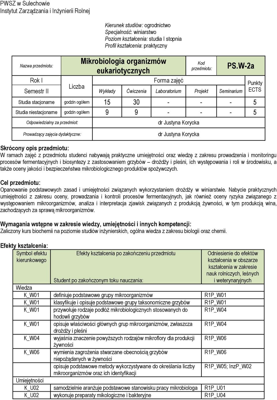 W-2a Rok I Forma zajęć Liczba Semestr II Wykłady Ćwiczenia Laboratorium Projekt Seminarium Studia stacjonarne godzin ogółem 15 30 - - - 5 Studia niestacjonarne godzin ogółem 9 9 - - - 5