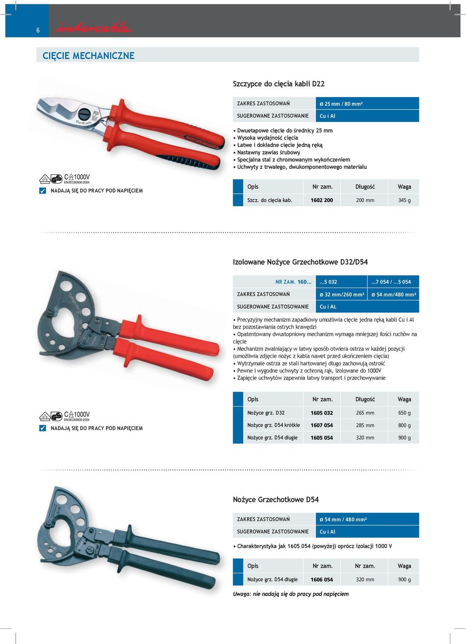 ..5 054 ø 32 mm/260 mm² ø 54 mm/480 mm² Cu i AL Precyzyjny mechanizm zapadkowy umożliwia cięcie jedna ręką kabli bez pozostawiania ostrych krawędzi Opatentowany dwustopniowy mechanizm wymaga