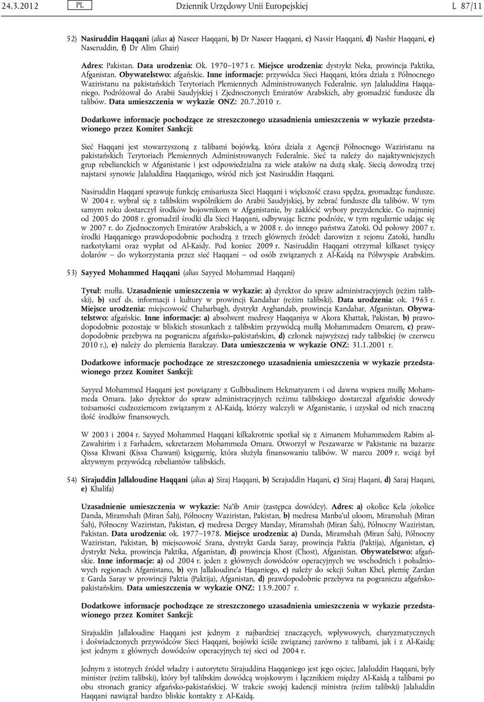 Inne informacje: przywódca Sieci Haqqani, która działa z Północnego Waziristanu na pakistańskich Terytoriach Plemiennych Administrowanych Federalnie. syn Jalaluddina Haqqaniego.