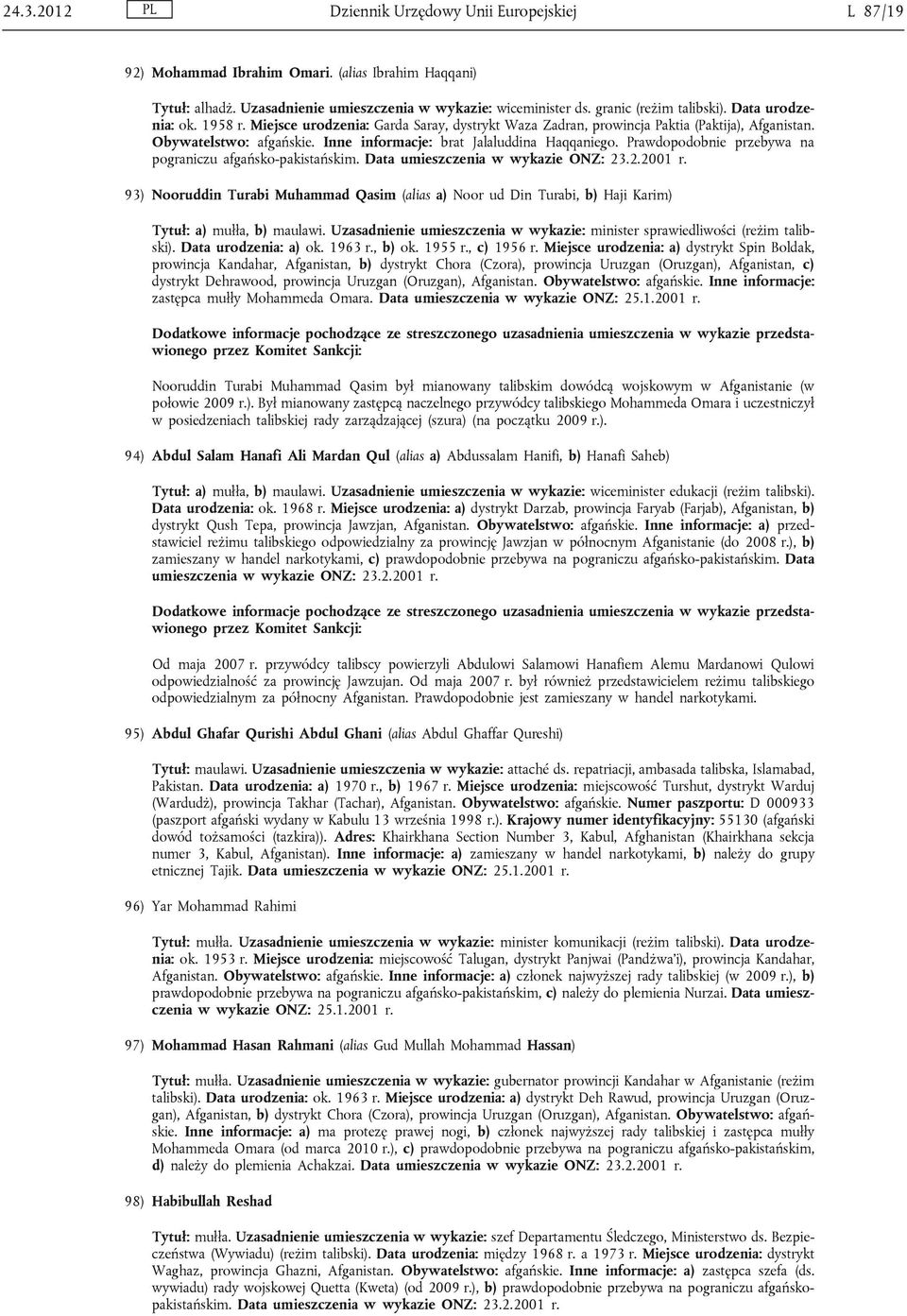 Prawdopodobnie przebywa na pograniczu afgańsko-pakistańskim. Data umieszczenia w wykazie ONZ: 23.2.2001 r.