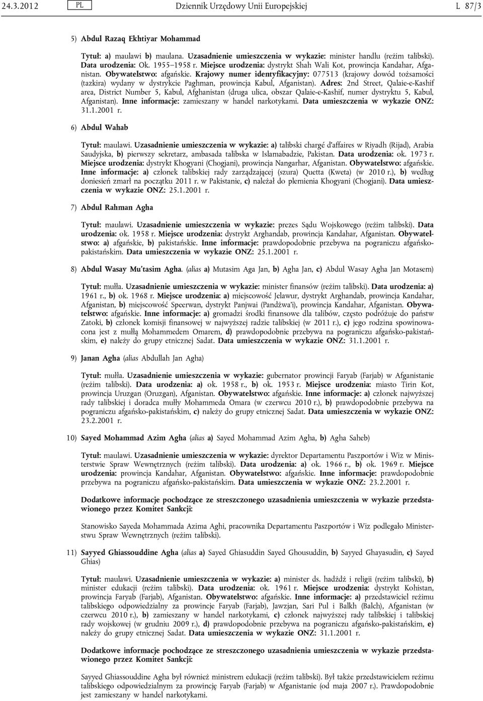 Krajowy numer identyfikacyjny: 077513 (krajowy dowód tożsamości (tazkira) wydany w dystrykcie Paghman, prowincja Kabul, Afganistan).