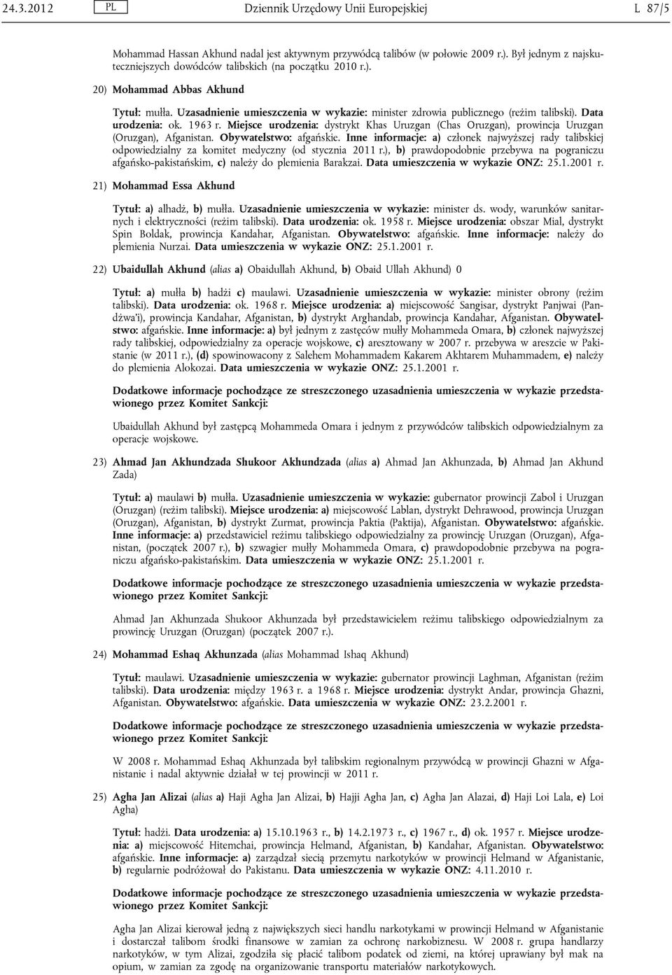 Data urodzenia: ok. 1963 r. Miejsce urodzenia: dystrykt Khas Uruzgan (Chas Oruzgan), prowincja Uruzgan (Oruzgan), Afganistan. Obywatelstwo: afgańskie.