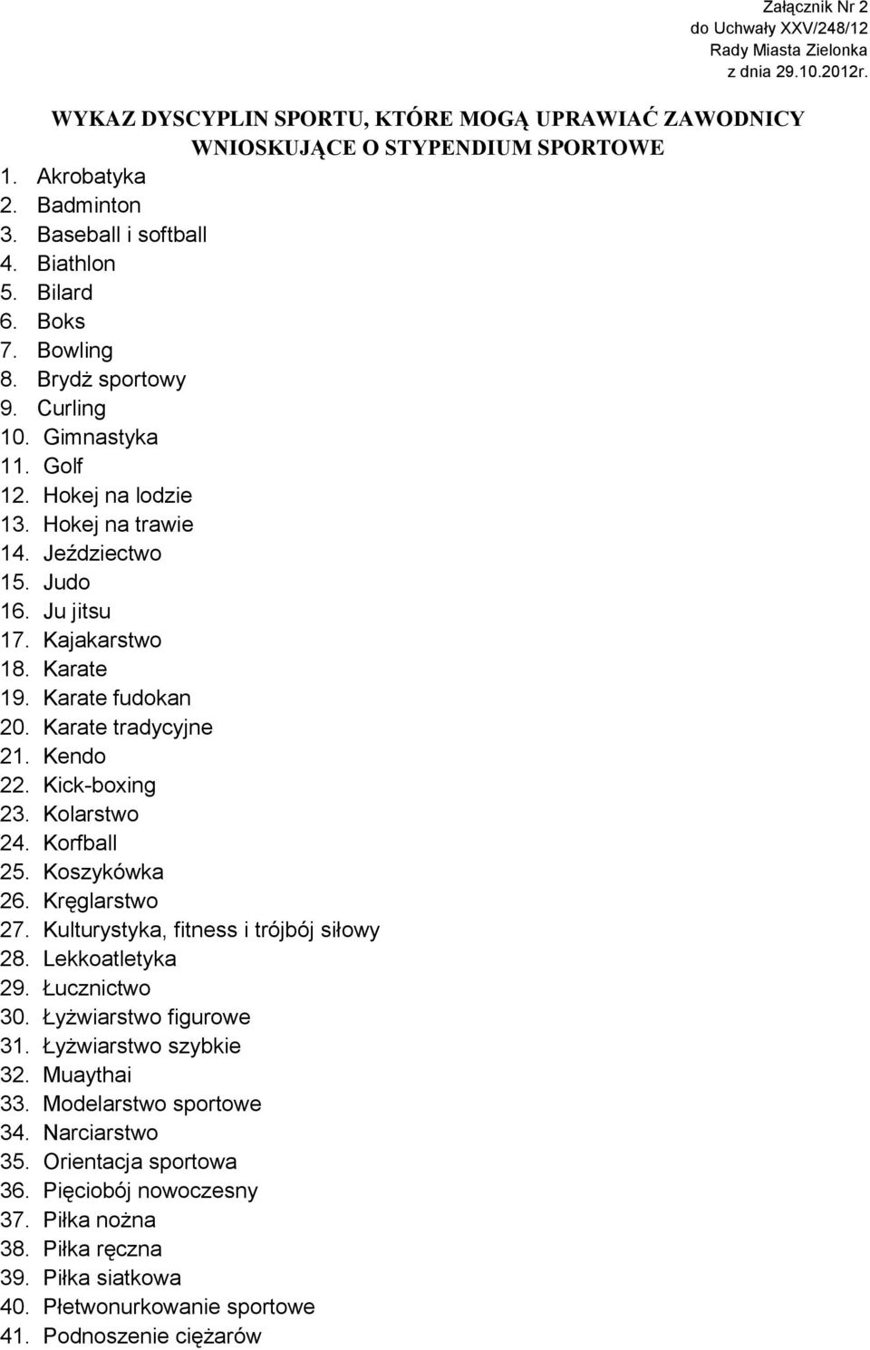 Kajakarstwo 18. Karate 19. Karate fudokan 20. Karate tradycyjne 21. Kendo 22. Kick-boxing 23. Kolarstwo 24. Korfball 25. Koszykówka 26. Kręglarstwo 27. Kulturystyka, fitness i trójbój siłowy 28.