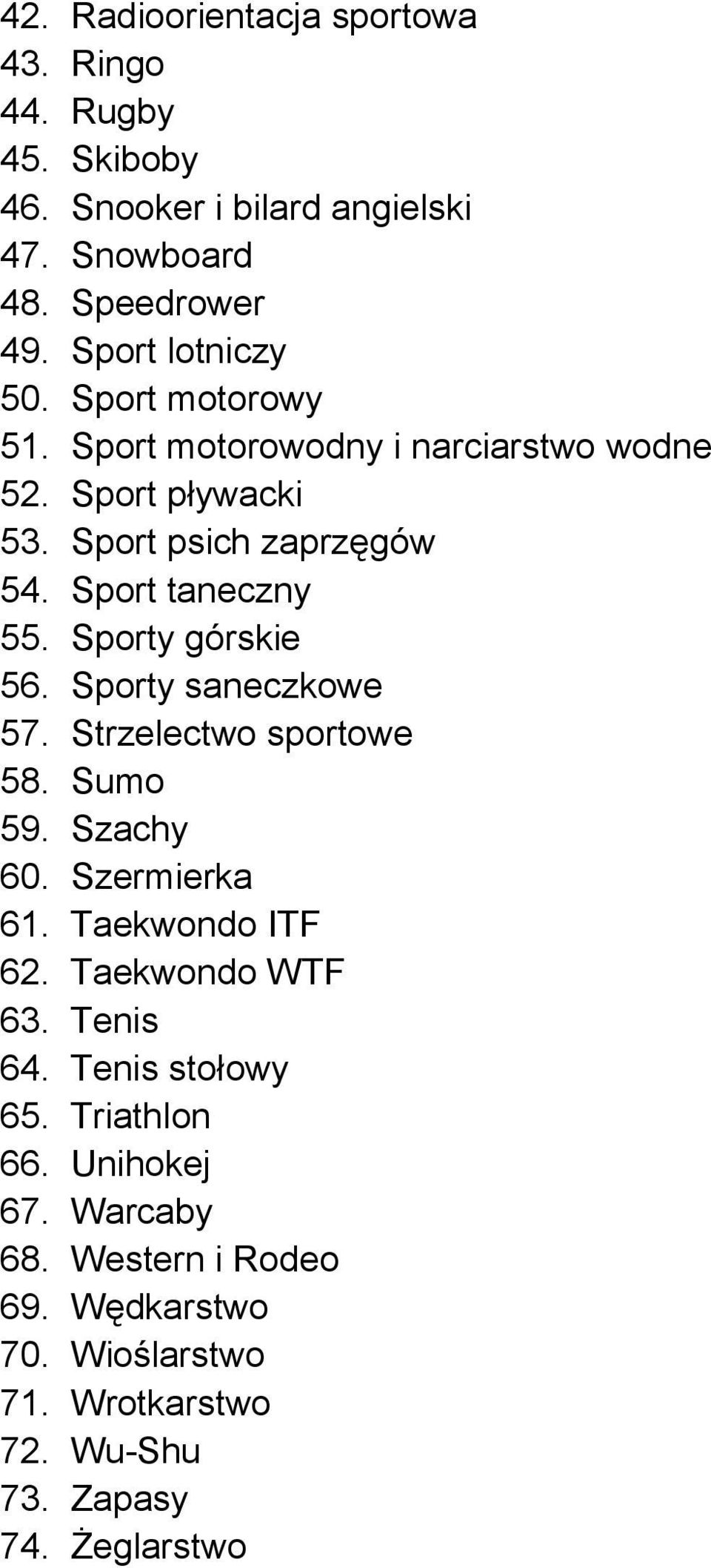 Sporty saneczkowe 57. Strzelectwo sportowe 58. Sumo 59. Szachy 60. Szermierka 61. Taekwondo ITF 62. Taekwondo WTF 63. Tenis 64.