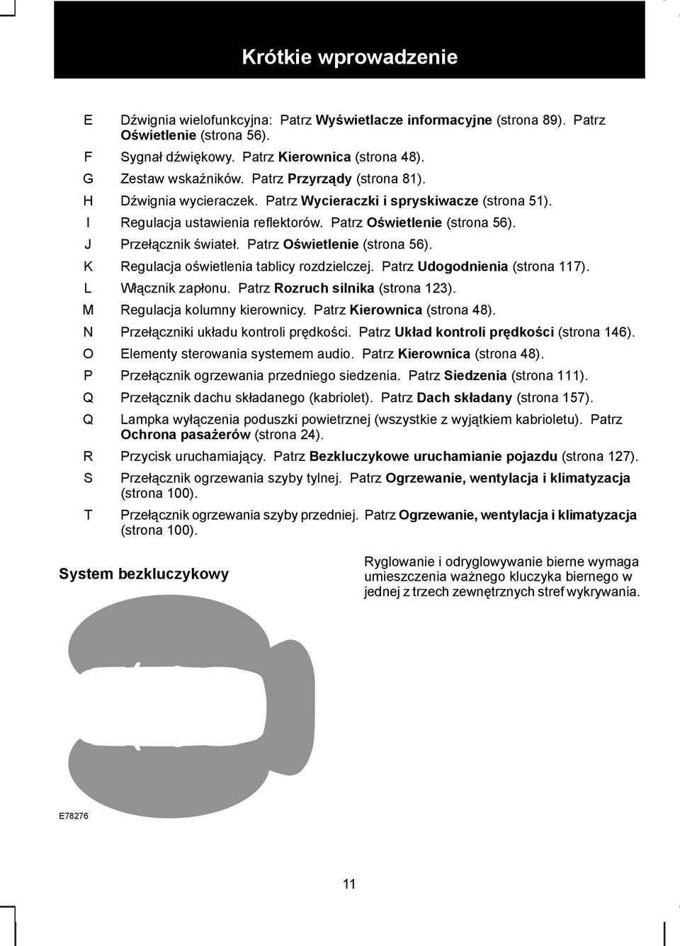 Patrz Oświetlenie (strona 56). Przełącznik świateł. Patrz Oświetlenie (strona 56). Regulacja oświetlenia tablicy rozdzielczej. Patrz Udogodnienia (strona 117). Włącznik zapłonu.