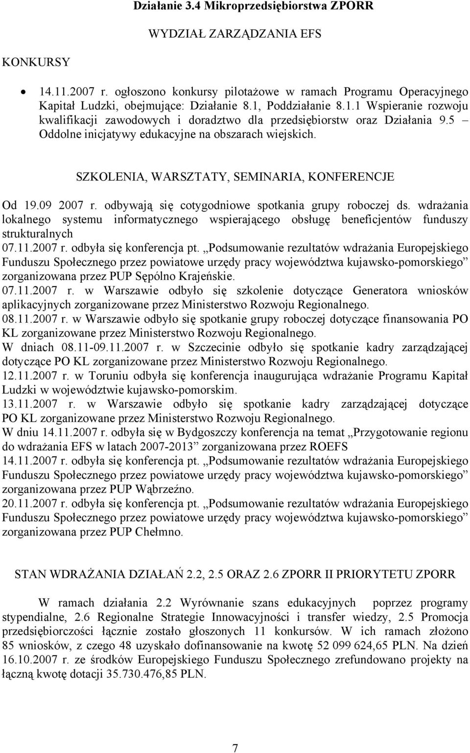 SZKOLENIA, WARSZTATY, SEMINARIA, KONFERENCJE Od 19.09 2007 r. odbywają się cotygodniowe spotkania grupy roboczej ds.