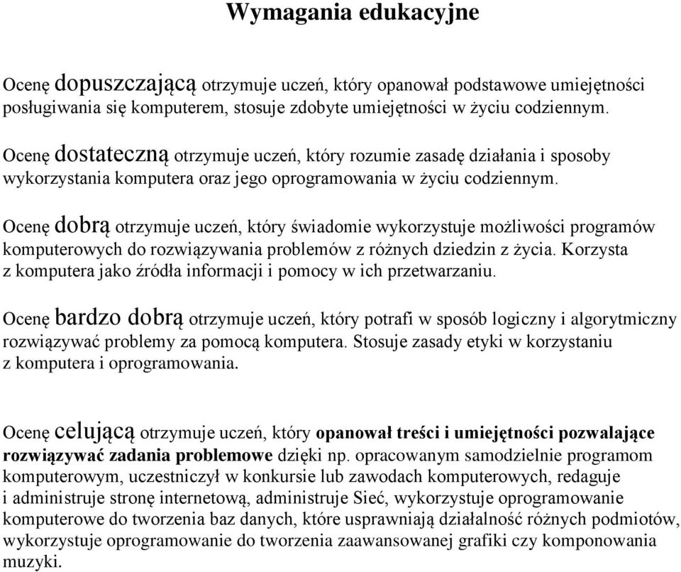 Ocenę dobrą otrzymuje uczeń, który świadomie wykorzystuje możliwości programów komputerowych do rozwiązywania problemów z różnych dziedzin z życia.