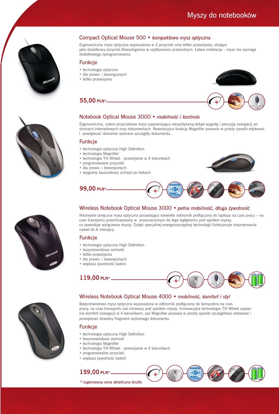 technologia optyczna kółko przewijania 55,00 PLN* Notebook Optical Mouse 3000 mobilność i kontrola Ergonomiczna, cztero-przyciskowa mysz zapewniająca niespotykaną dotąd wygodę i precyzję nawigacji po