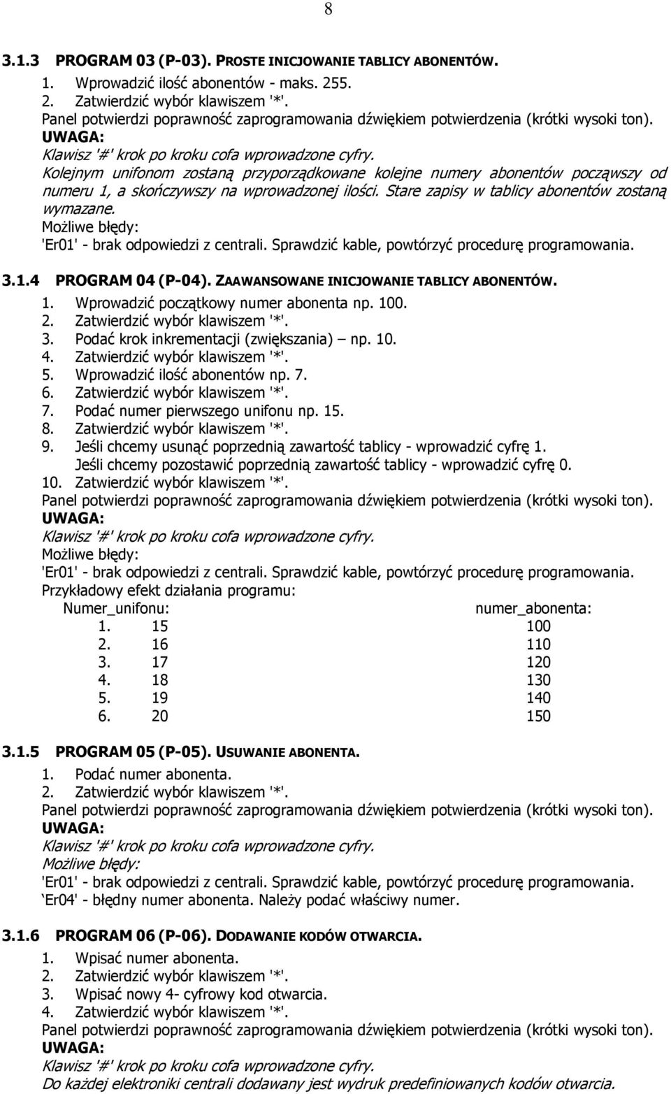 Kolejnym unifonom zostaną przyporządkowane kolejne numery abonentów począwszy od numeru 1, a skończywszy na wprowadzonej ilości. Stare zapisy w tablicy abonentów zostaną wymazane. 3.1.4 PROGRAM 04 (P-04).