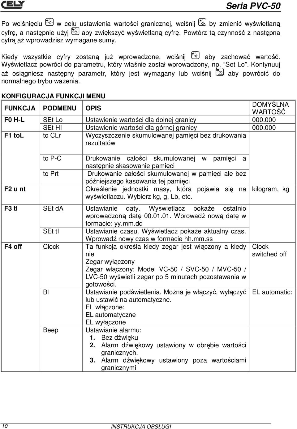 Wyświetlacz powróci do parametru, który właśnie został wprowadzony, np. Set Lo. Kontynuuj aŝ osiągniesz następny parametr, który jest wymagany lub wciśnij aby powrócić do normalnego trybu waŝenia.