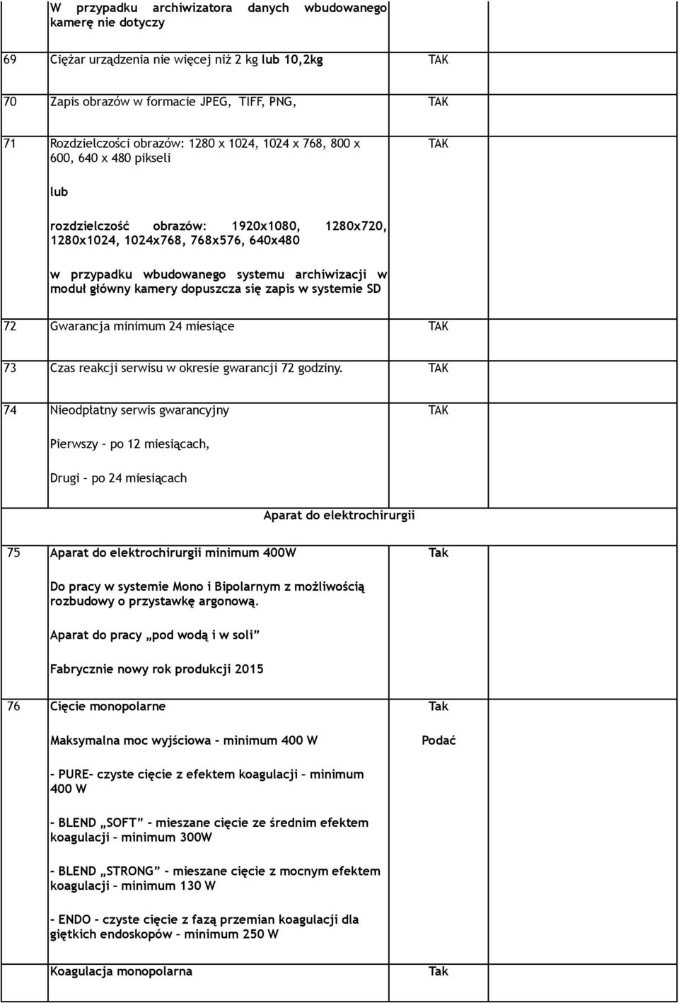 się zapis w systemie SD 72 Gwarancja minimum 24 miesiące 73 Czas reakcji serwisu w okresie gwarancji 72 godziny.