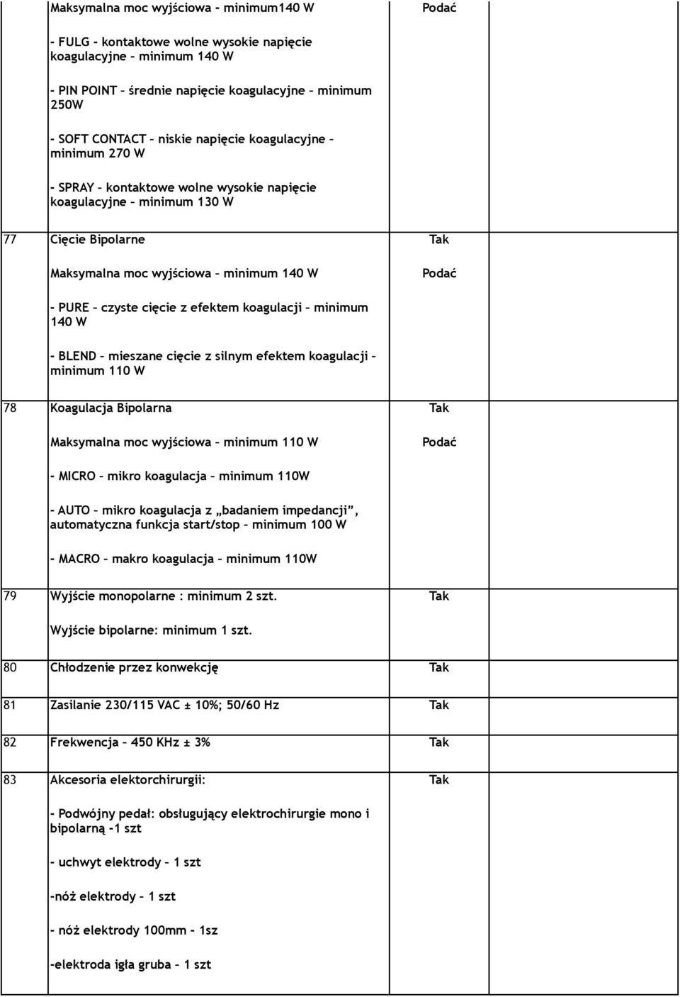 efektem koagulacji minimum 140 W - BLEND mieszane cięcie z silnym efektem koagulacji minimum 110 W 78 Koagulacja Bipolarna Maksymalna moc wyjściowa minimum 110 W Podać - MICRO mikro koagulacja