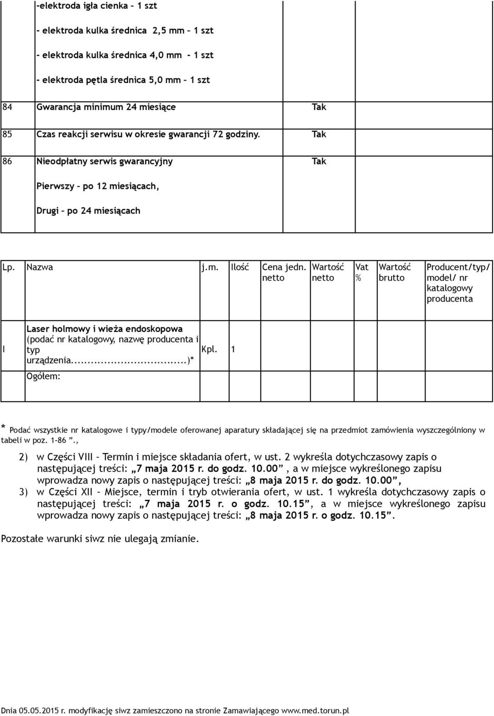 netto Wartość netto Vat % Wartość brutto Producent/typ/ model/ nr katalogowy producenta I Laser holmowy i wieża endoskopowa (podać nr katalogowy, nazwę producenta i typ Kpl. 1 urządzenia.