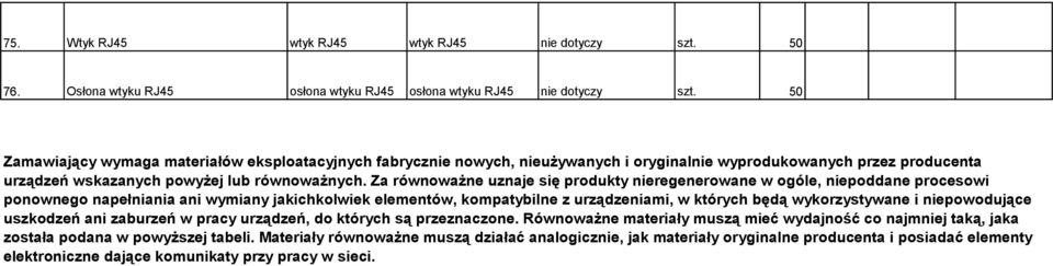 Za równoważne uznaje się produkty nieregenerowane w ogóle, niepoddane procesowi ponownego napełniania ani wymiany jakichkolwiek elementów, kompatybilne z urządzeniami, w których będą wykorzystywane i