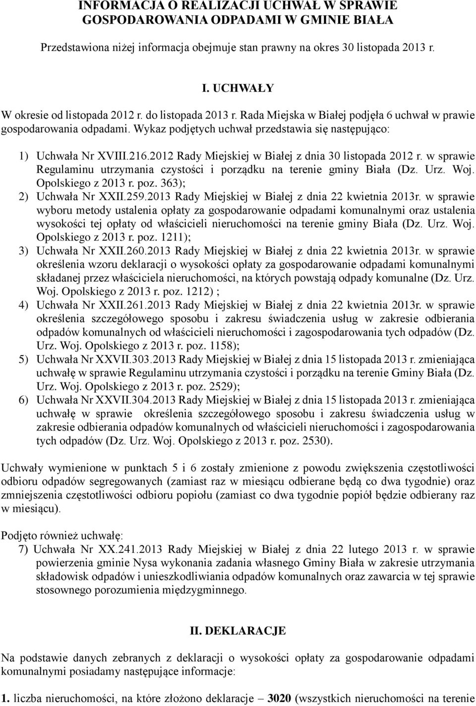 Wykaz podjętych uchwał przedstawia się następująco: 1) Uchwała Nr XVIII.216.2012 Rady Miejskiej w Białej z dnia 30 listopada 2012 r.