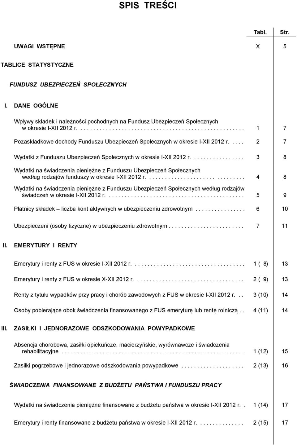 .... 2 7 Wydatki z Funduszu Ubezpieczeń Społecznych w okresie I-XII 2012 r................. 3 8 Wydatki na świadczenia pieniężne z Funduszu Ubezpieczeń Społecznych według rodzajów funduszy w okresie I-XII 2012 r.