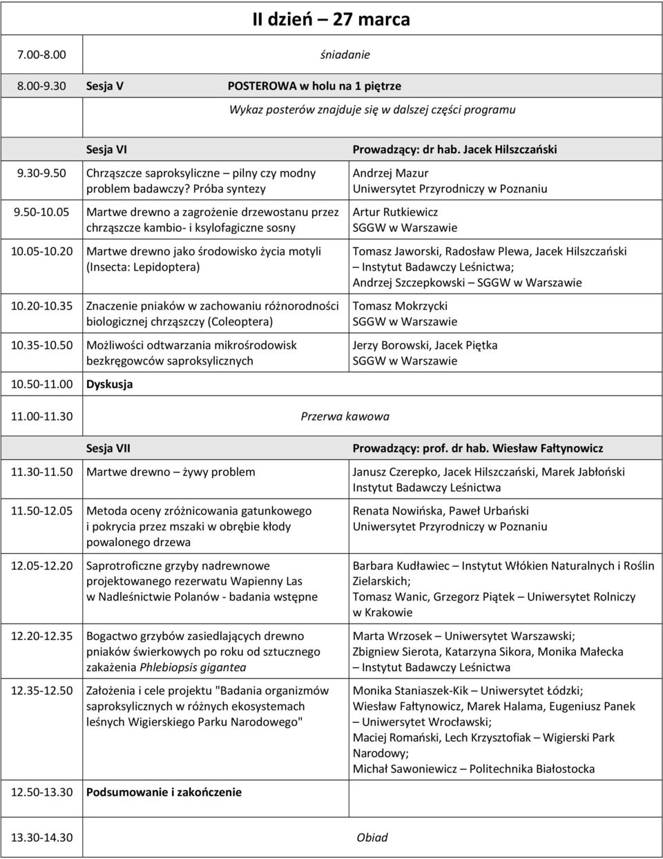 20 Martwe drewno jako środowisko życia motyli (Insecta: Lepidoptera) 10.20-10.35 Znaczenie pniaków w zachowaniu różnorodności biologicznej chrząszczy (Coleoptera) 10.35-10.