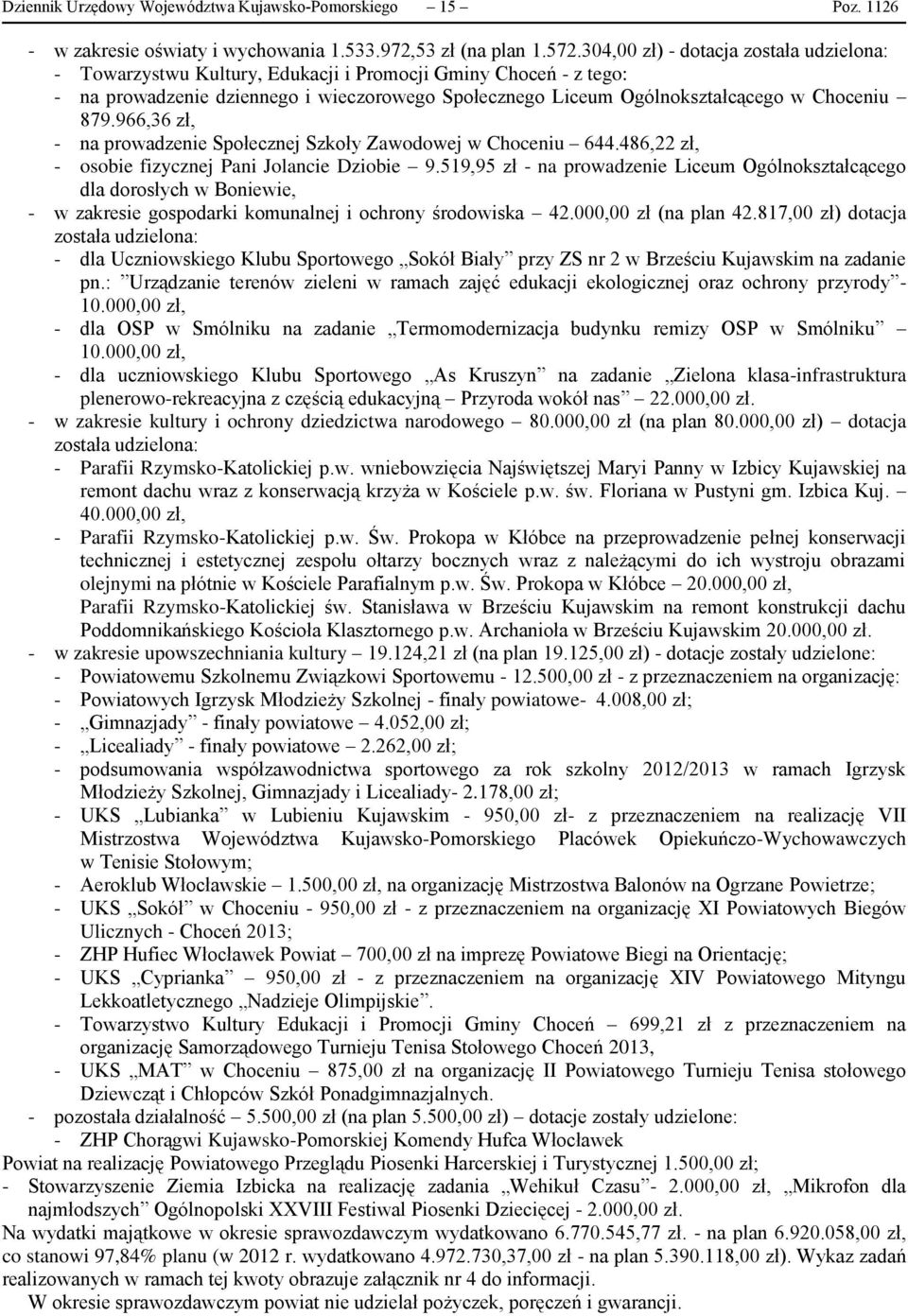 879.966,36 zł, - na prowadzenie Społecznej Szkoły Zawodowej w Choceniu 644.486,22 zł, - osobie fizycznej Pani Jolancie Dziobie 9.